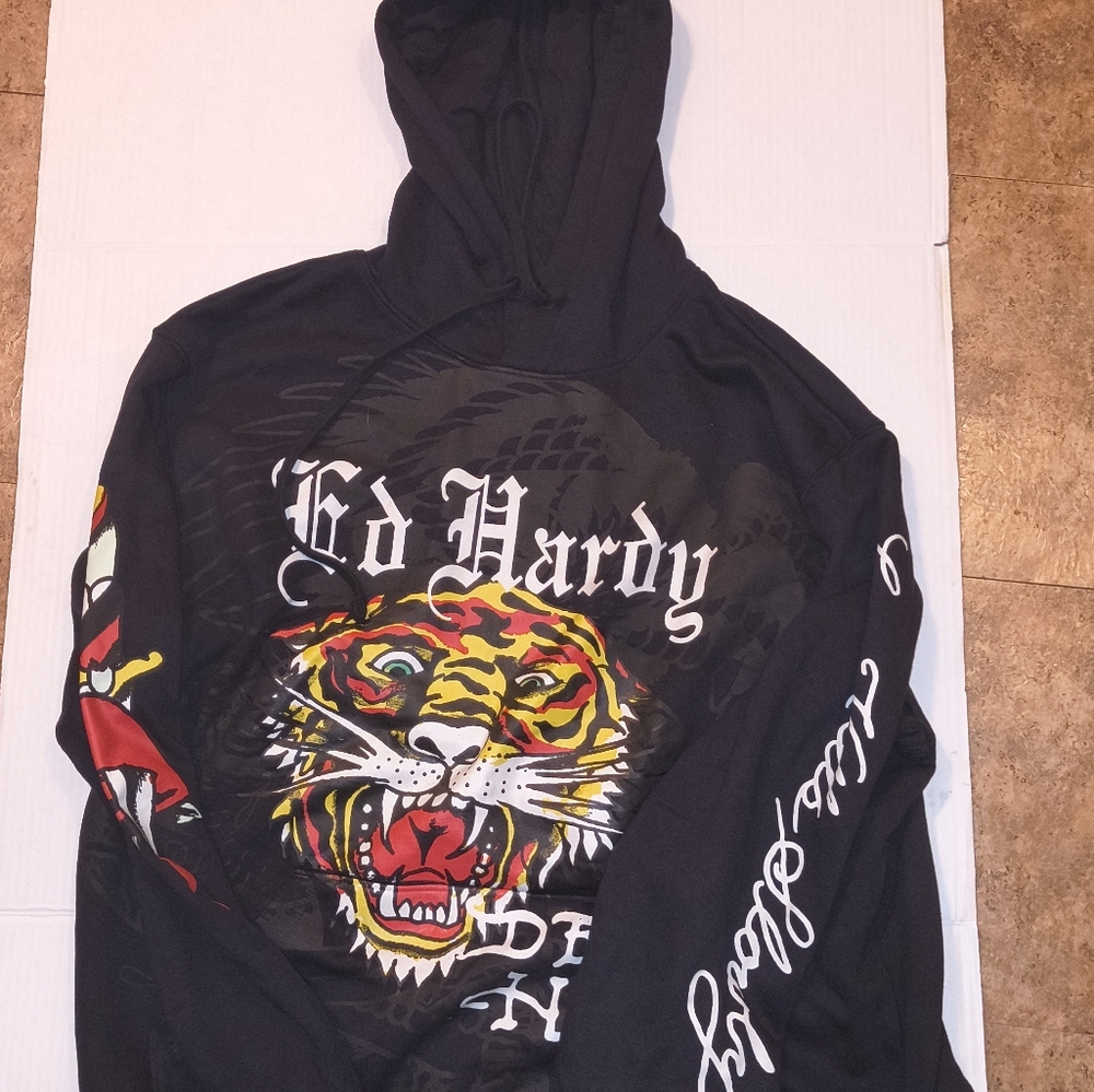 Ed Hardy Black Hoodie with Tiger Graphic
